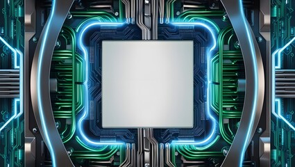 Poster - Futuristic Circuit Board with Green Pipes and Blue Neon Glow Technology