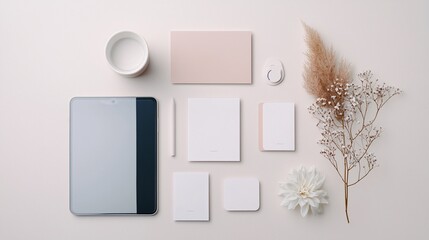 Poster - A flat lay of branding materials: business cards, logo samples, a color palette guide, and a tablet