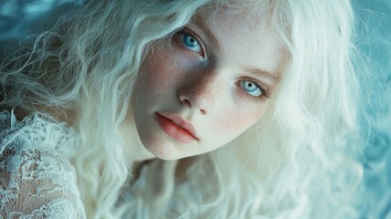 Aufkleber - In a serene atmosphere, an albino girl with long hair gazes softly into the distance. Her delicate features and striking blue eyes create a captivating presence amidst the gentle light of sunset