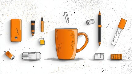 Poster - Office supply icons featuring a coffee mug usb stick and paper standard in a creative workspace environment