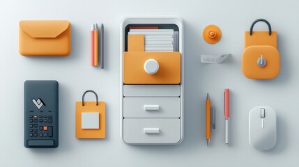 Poster - Showcasing six office icons with file cabinet and mouse print in a modern workspace for enhanced organization