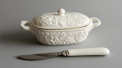 Wall Mural - A porcelain butter dish with a knife beside it