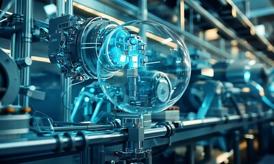 Fototapete - Futuristic factory Glass sphere machine, assembly line