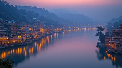 Canvas Print - Twilight River Cityscape, India, Foggy Hills