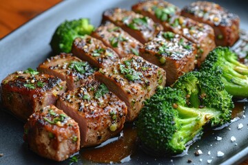 Wall Mural - Sliced grilled pork tenderloin with roasted broccoli and herbs on black plate