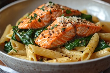 Wall Mural - Salmon fillet with penne pasta and spinach in creamy sauce