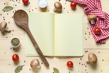 Canvas Print - Composition with blank recipe book, spoon, vegetables and spices on wooden background