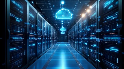 Leinwandbilder - Futuristic cloud computing applied to encryption and server technology, location tracking integration, photorealistic 3D rendering, dynamic glowing digital interfaces