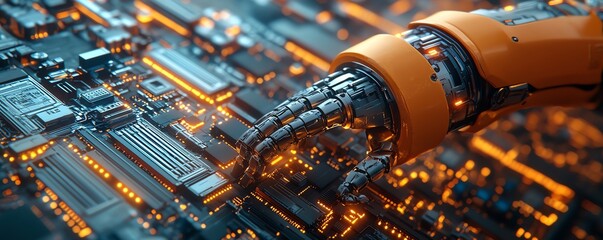 Poster - Scitech mechanical arm and circuit chip, advanced robotics design, photorealistic 3D rendering, glowing lights, intricate technology atmosphere