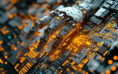 Aufkleber - Scitech scene featuring mechanical arm and circuit chip, hightech industrial background, hyperdetailed 3D rendering, glowing neon accents, advanced robotics design