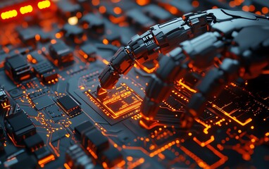 Aufkleber - Scitech scene featuring mechanical arm and circuit chip, hightech industrial background, hyperdetailed 3D rendering, glowing neon accents, advanced robotics design