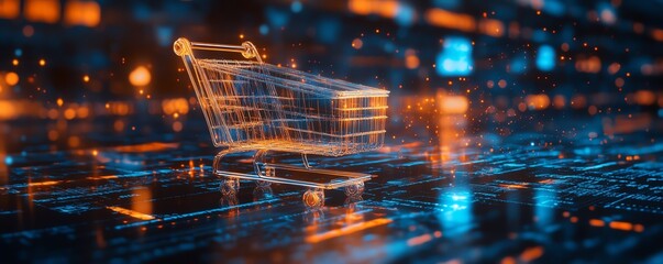 Poster - Cloud computing powering online shopping experience, glowing shopping cart and data streams, photorealistic 3D rendering, sleek modern design, digital shopping environment