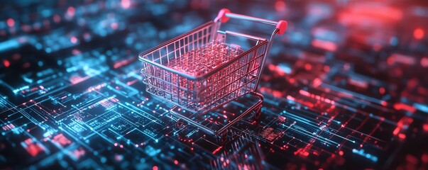 Poster - Cloud computing powering online shopping experience, glowing shopping cart and data streams, photorealistic 3D rendering, sleek modern design, digital shopping environment