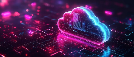Fototapete - Cloud computing systems with encryption, location data processing, and server management, futuristic scitech design, hyperrealistic 3D rendering, glowing lights
