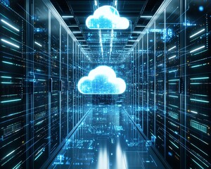 Fototapete - Cloud computing with encryption and locationbased services, server infrastructure, hightech digital background, ultradetailed 3D rendering, glowing data flows