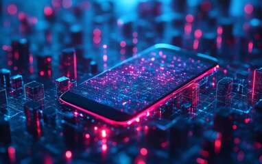 Aufkleber - mobile phone placed among blue figurines, network communication signals, ultradetailed 3d rendering,