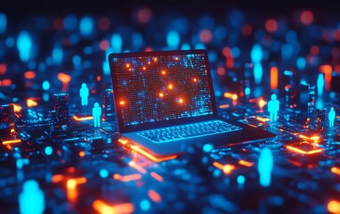 Poster - Laptop among blue figurines, network communication waves, photorealistic 3D rendering, glowing data streams, sleek digital environment
