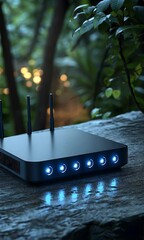 Poster - Nighttime router, forest background, outdoor internet access, connectivity