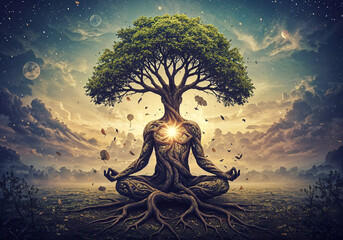 Poster - man transforming into tree in yoga pose. healthy lifestyle, energy balance . Generative AI