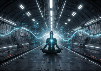 Poster - man in lotus position meditates in futuristic interior of the future . Generative AI
