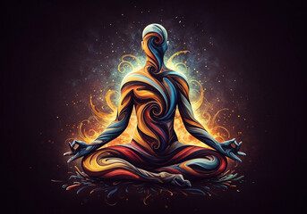 Poster - man in lotus position meditating, yoga and healthy lifestyle, energy balance . Generative AI