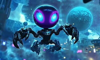 Leinwandbilder - Futuristic robot floats, neon city backdrop, game art