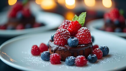 Poster - Delight in a meticulously crafted chocolate dessert showcased on a white plate, artfully garnished with vibrant raspberries and blueberries, perfect for an upscale dining experience