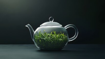 Wall Mural - A glass teapot filled with green tea leaves