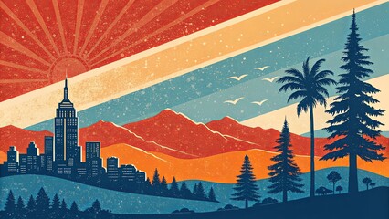 Poster - A city with a mountain in the background and a palm tree in the foreground