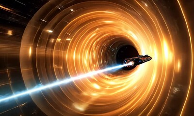 Poster - Spaceship warping through cosmic tunnel, starscape background