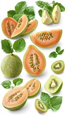 Poster - Juicy melon and kiwi slices, leaves, white background; food, recipe, healthy eating