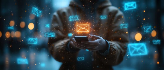 Poster - A person holding a smartphone displaying a glowing email security warning