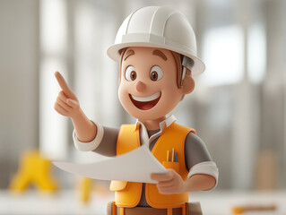 Poster - cartoon happy builder engineer in helmet with blueprints in hands on white background . Generative AI