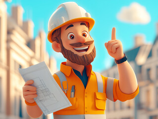 Poster - cartoon happy builder engineer in helmet with blueprints in hands on white background . Generative AI