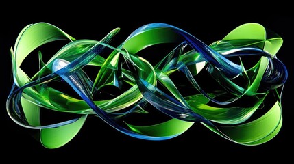 Poster - Abstract Green and Blue Swirling Shapes Creating Dynamic Movement and Flow on Black Background, Ideal for Modern Design and Artistic Projects