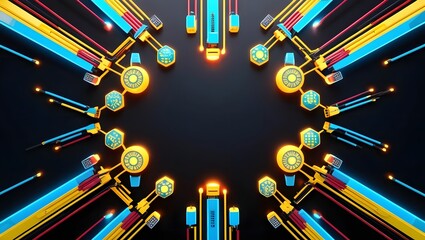 Poster - Abstract Tech Circuit Board Pattern Blue Yellow Red Neon Glow Dark