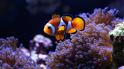 Aufkleber - Brightly colored clownfish dances among soft corals, showcasing its vivid orange and white hues. The underwater world pulses with color as marine life thrives in a serene reef environment