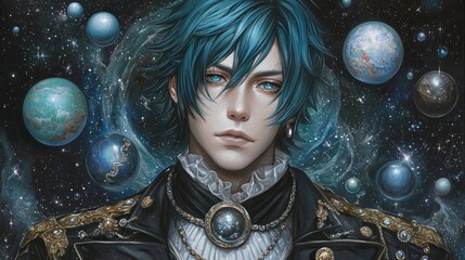Sticker - Cosmic Portrait Elegant young man amidst swirling nebula and planets; fantasy art for book covers