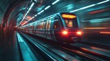 Subway train in motion, blurred lights, atmospheric tunnel glow, urban setting 