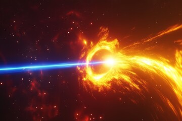 Wall Mural - A fiery cosmic vortex glows intensely as a powerful blue energy beam strikes its center. This sci-fi scene represents space phenomena, futuristic technology, and intergalactic energy forces.