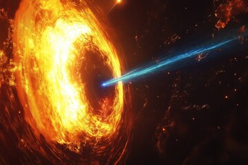 Wall Mural - A fiery cosmic vortex glows intensely as a powerful blue energy beam strikes its center. This sci-fi scene represents space phenomena, futuristic technology, and intergalactic energy forces.