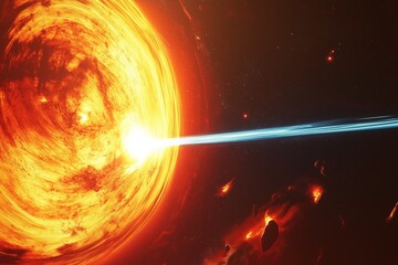 Wall Mural - A fiery cosmic vortex glows intensely as a powerful blue energy beam strikes its center. This sci-fi scene represents space phenomena, futuristic technology, and intergalactic energy forces.