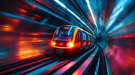 Wall Mural - Subway train motion blur photography, glowing streaks, futuristic tunnel design