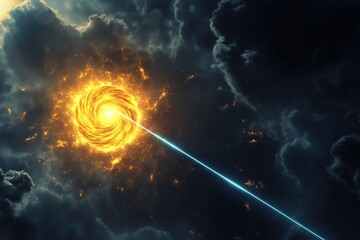Wall Mural - A fiery cosmic vortex glows intensely as a powerful blue energy beam strikes its center. This sci-fi scene represents space phenomena, futuristic technology, and intergalactic energy forces.