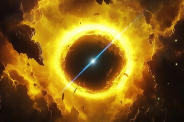 Wall Mural - A fiery cosmic vortex glows intensely as a powerful blue energy beam strikes its center. This sci-fi scene represents space phenomena, futuristic technology, and intergalactic energy forces.