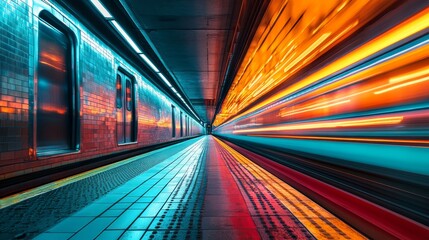 Wall Mural - High-speed subway motion photography, glowing reflections, modern urban vibe 