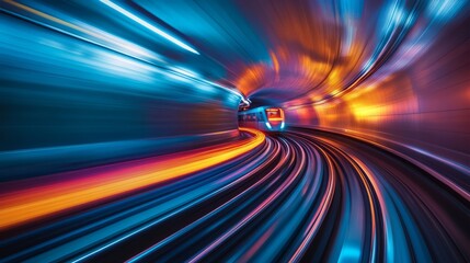 Wall Mural - Abstract motion blur of a train in a subway, glowing tunnel lights, vibrant atmosphere 