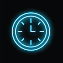 Poster - Neon blue clock face glowing on black background