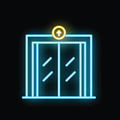 Poster - neon elevator doors with up arrow sign glowing on a black background