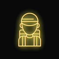 Poster - Neon sign of a tourist wearing a cap and carrying a backpack on a black background